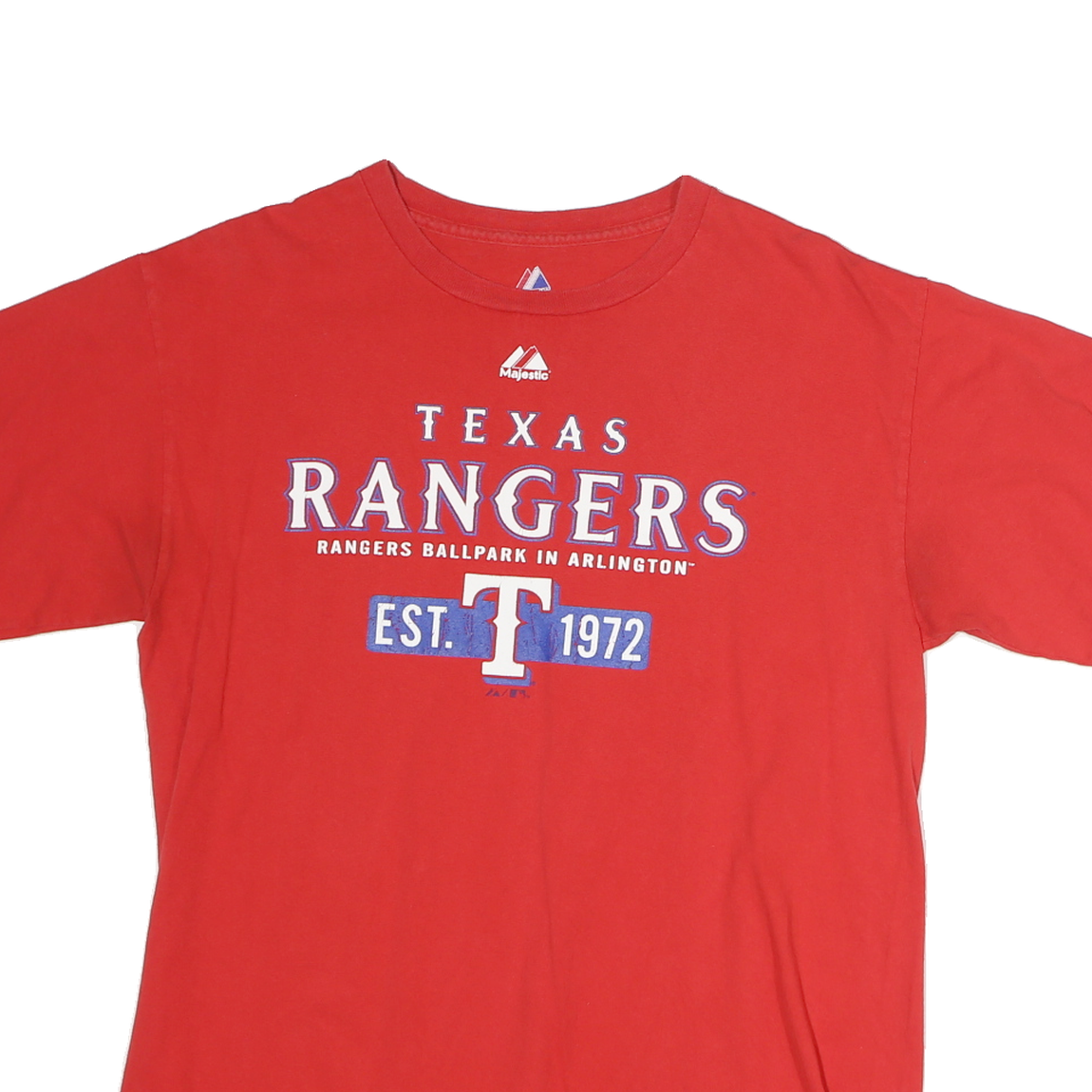 MAJESTIC Mens Red Texas Rangers Graphic T-Shirt L Short Sleeve Crew Neck Cotton