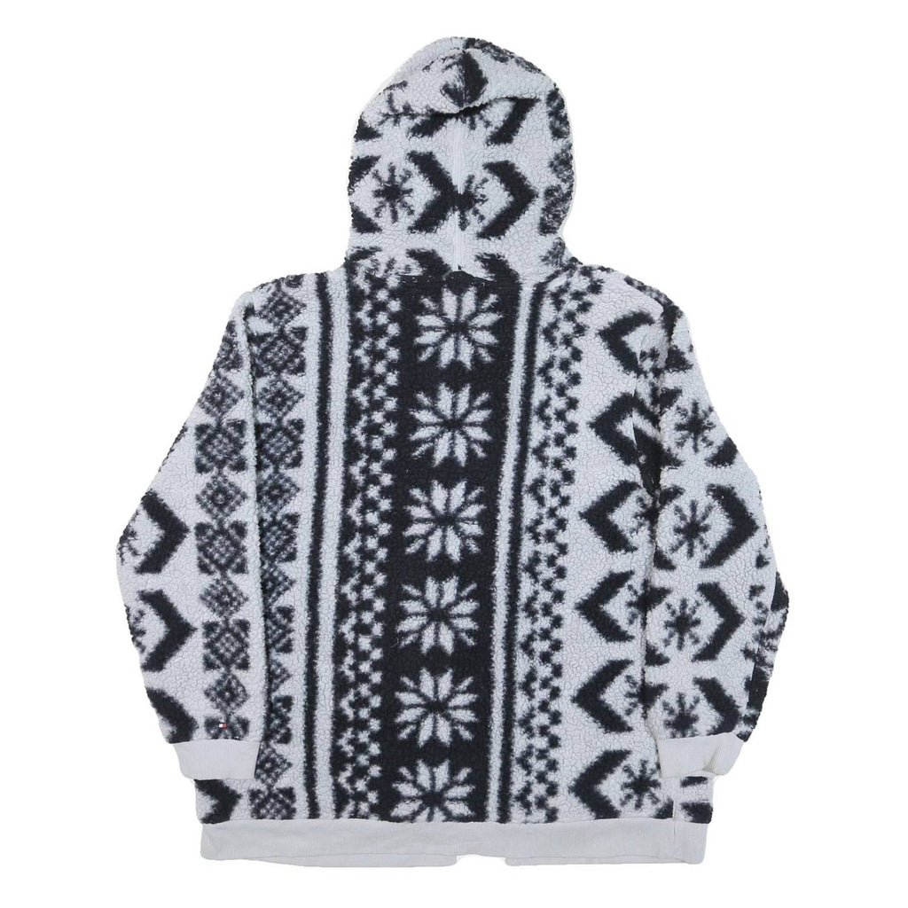 TOMMY HILFIGER Womens Black & White Patterned Fleece Hoodie Jacket L Polyester