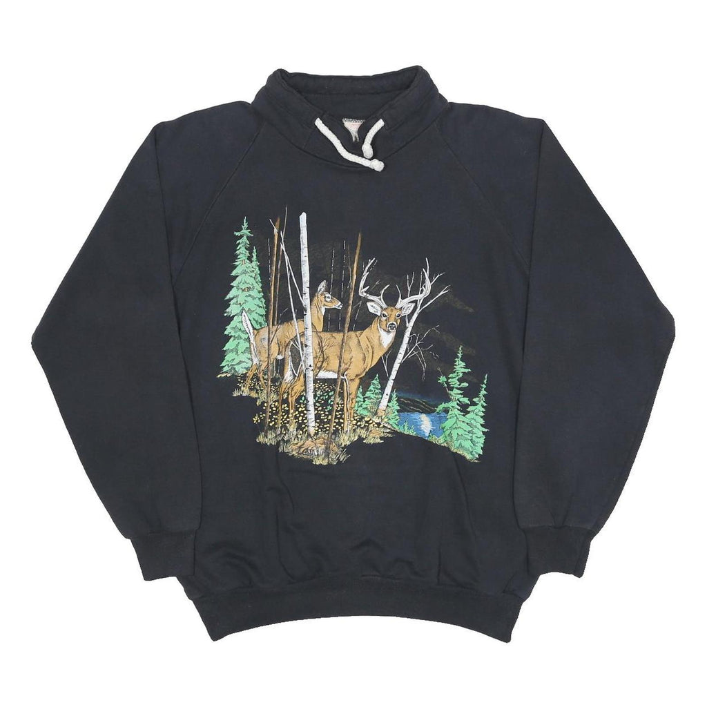 DAQUIN Womens Black Pullover Sweatshirt L Deer Print High Neck Cotton Blend