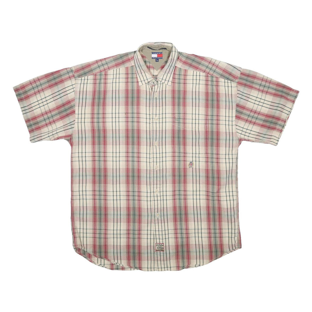 TOMMY HILFIGER Mens Cream Red Green Check Shirt M Button Short Sleeve Cotton