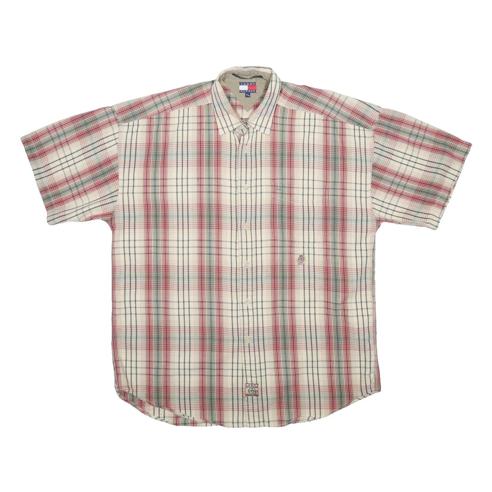 TOMMY HILFIGER Mens Cream Red Green Check Shirt M Button Short Sleeve Cotton