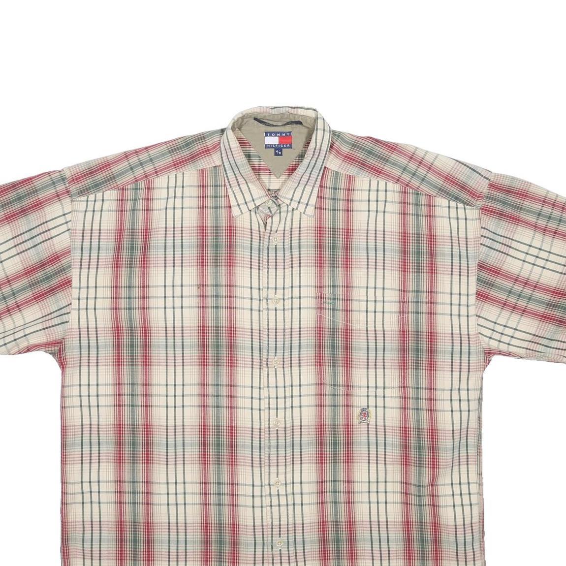 TOMMY HILFIGER Mens Cream Red Green Check Shirt M Button Short Sleeve Cotton