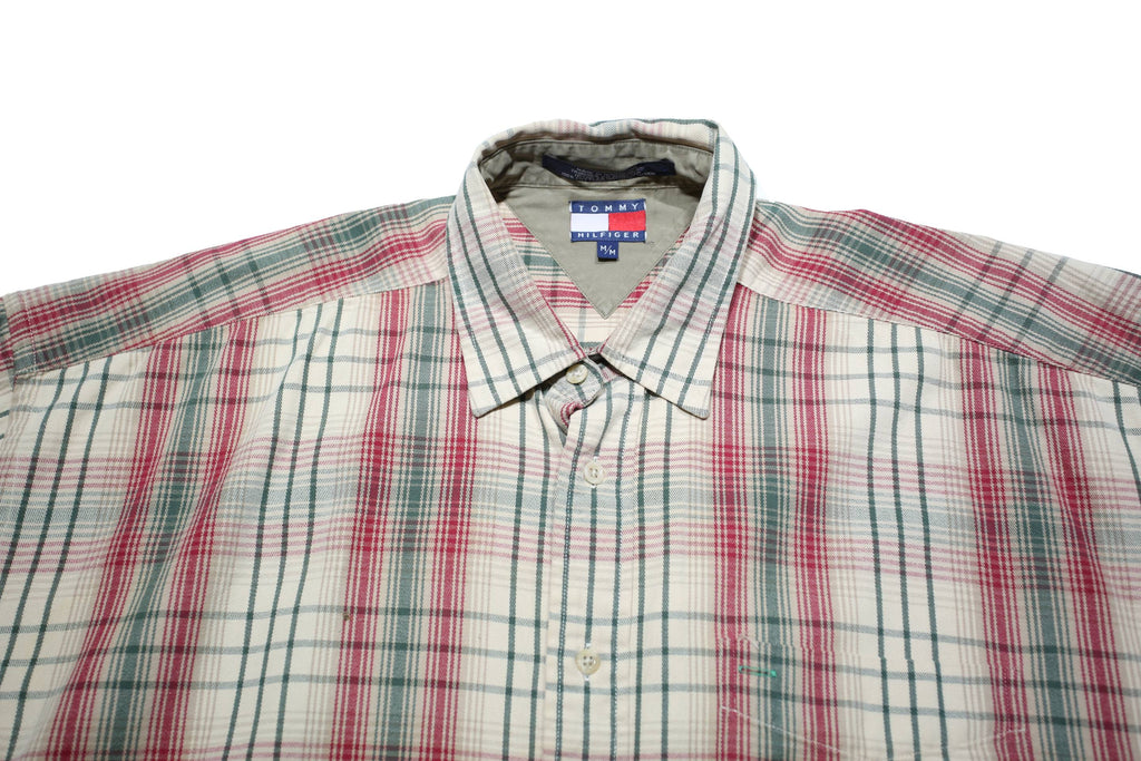 TOMMY HILFIGER Mens Cream Red Green Check Shirt M Button Short Sleeve Cotton