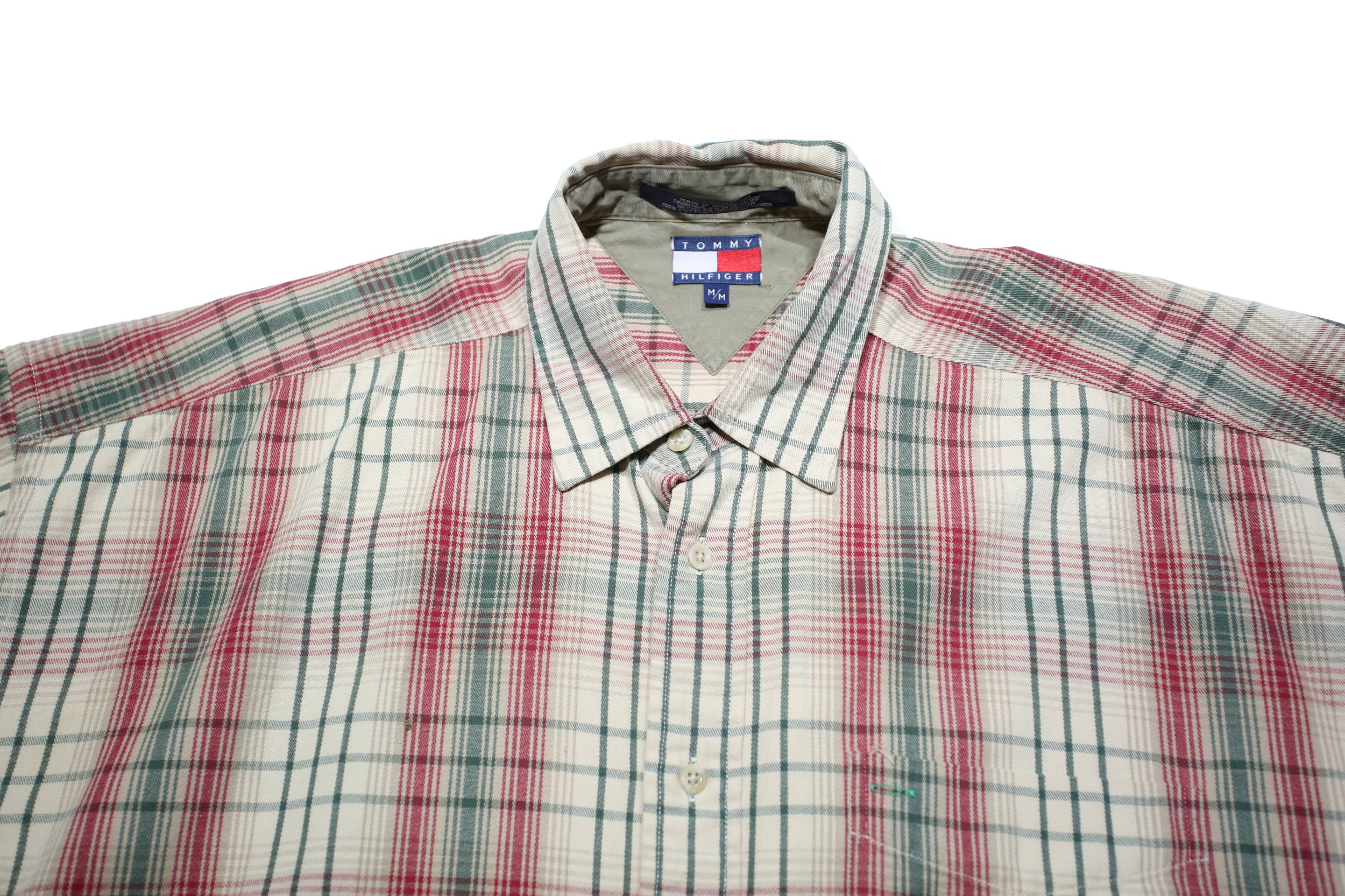 TOMMY HILFIGER Mens Cream Red Green Check Shirt M Button Short Sleeve Cotton