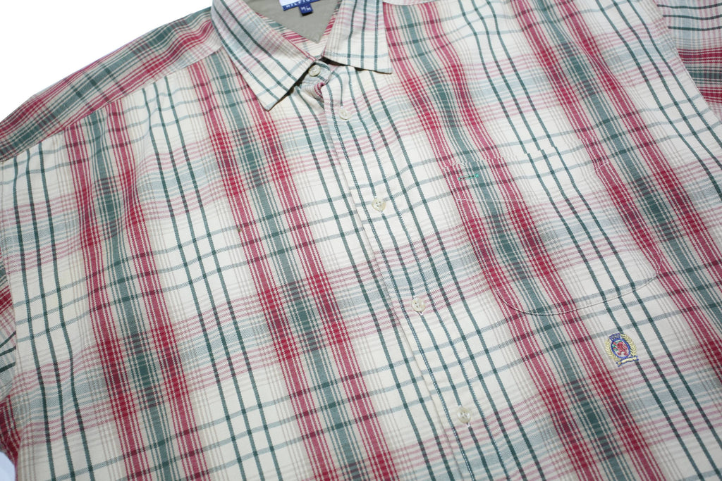 TOMMY HILFIGER Mens Cream Red Green Check Shirt M Button Short Sleeve Cotton