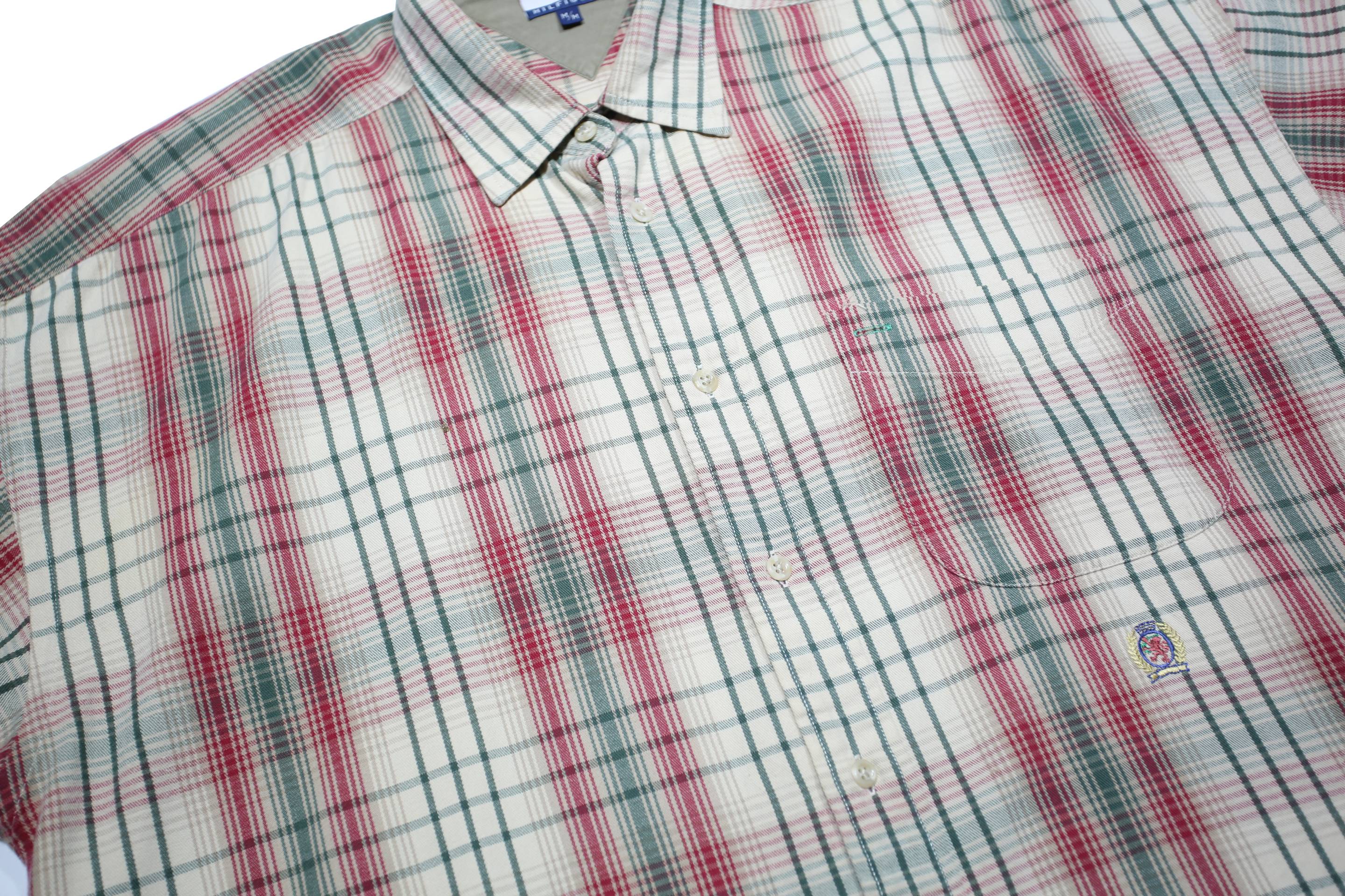 TOMMY HILFIGER Mens Cream Red Green Check Shirt M Button Short Sleeve Cotton