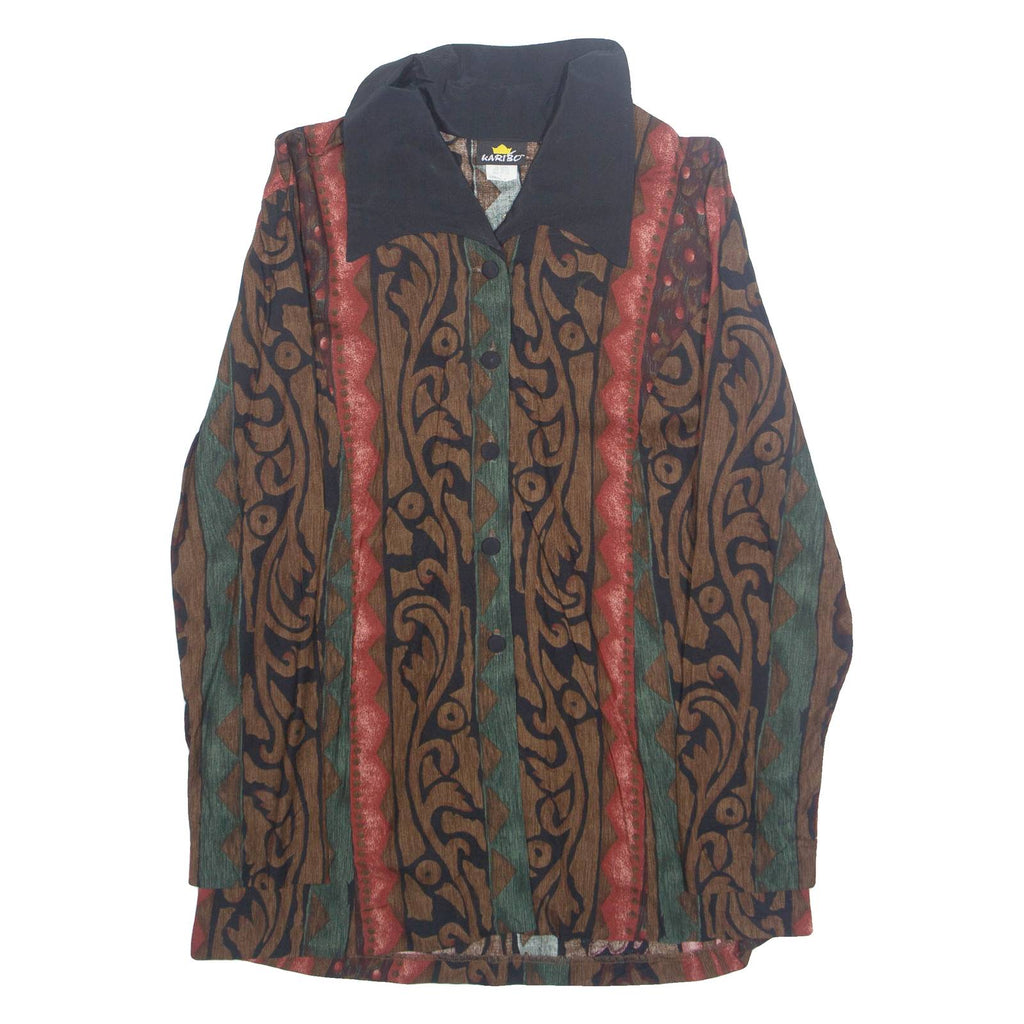KARIBO Womens Printed Shirt Brown Collared Long Sleeve Crazy Pattern S