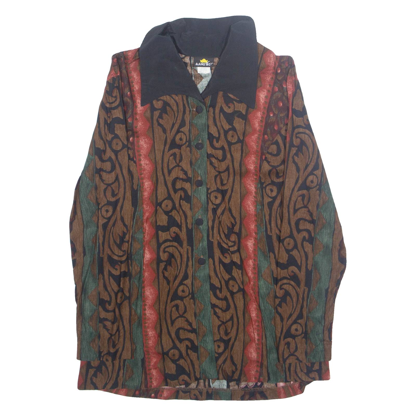 KARIBO Womens Printed Shirt Brown Collared Long Sleeve Crazy Pattern S