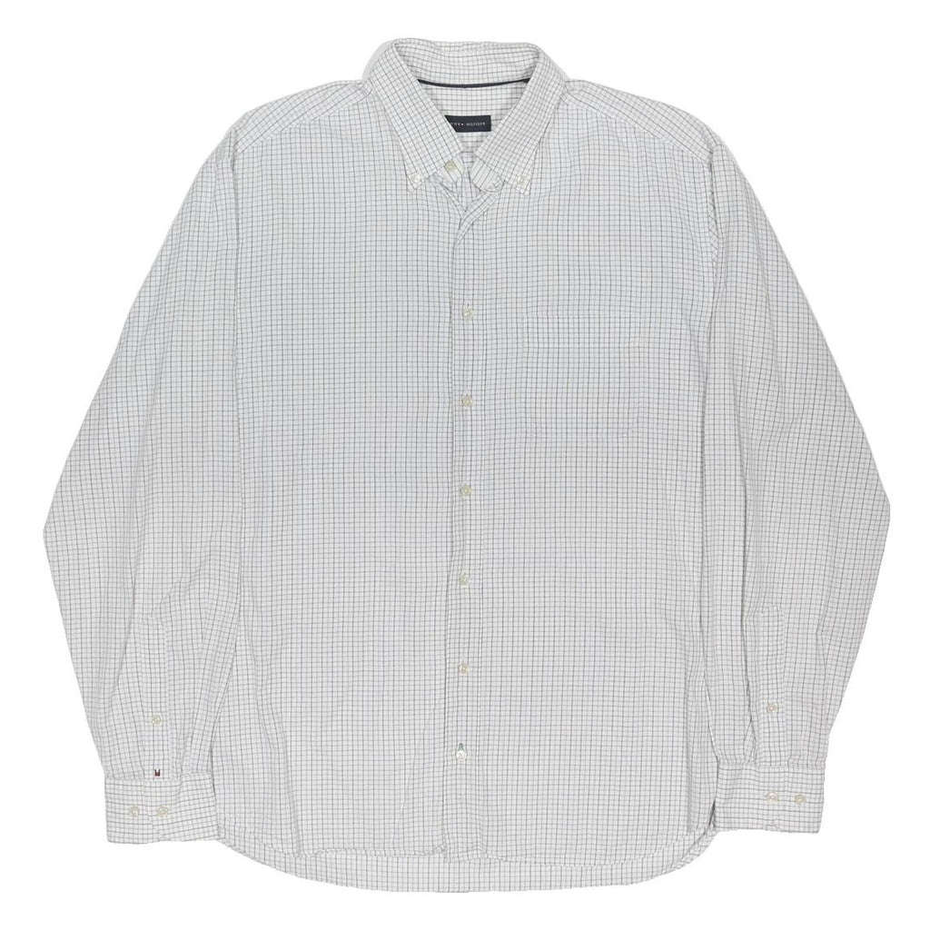 TOMMY HILFIGER Mens White & Grey Checked Shirt L Classic Button Down Collar Long