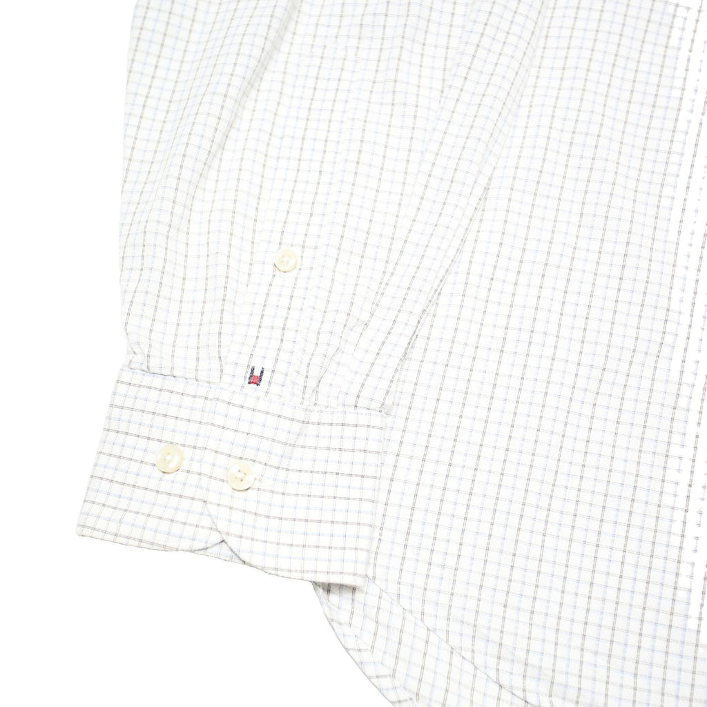 TOMMY HILFIGER Mens White & Grey Checked Shirt L Classic Button Down Collar Long