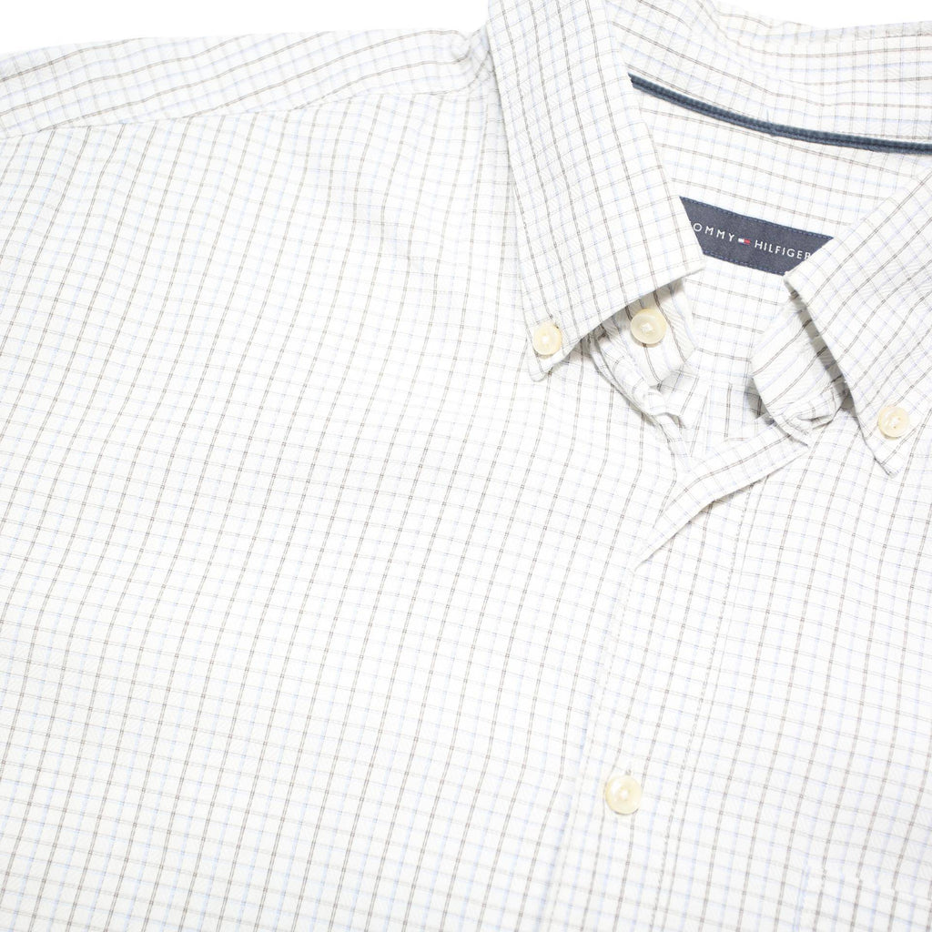 TOMMY HILFIGER Mens White & Grey Checked Shirt L Classic Button Down Collar Long