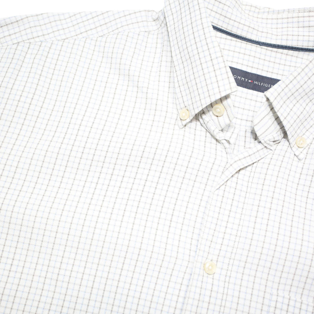 TOMMY HILFIGER Mens White & Grey Checked Shirt L Classic Button Down Collar Long