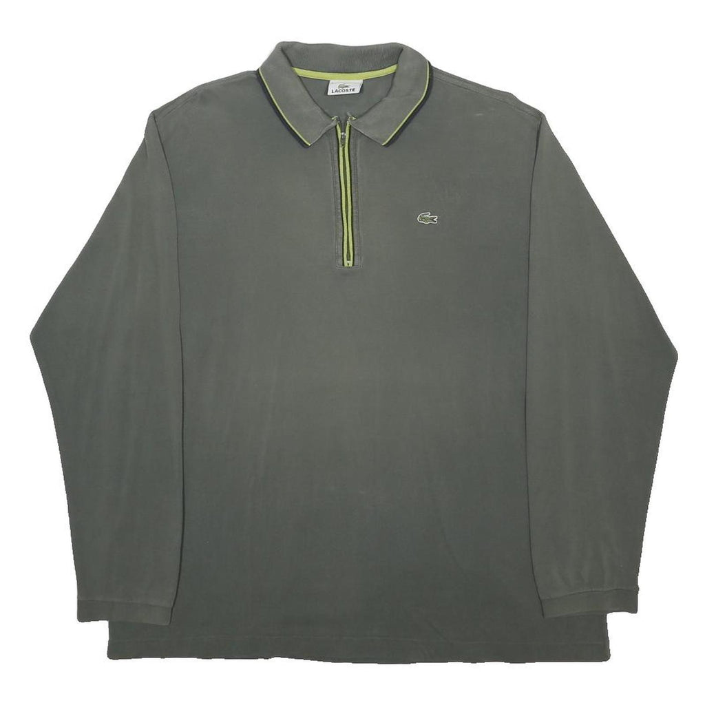 LACOSTE Mens Grey & Lime Long Sleeve Polo Shirt XL Cotton Blended Zip Collar