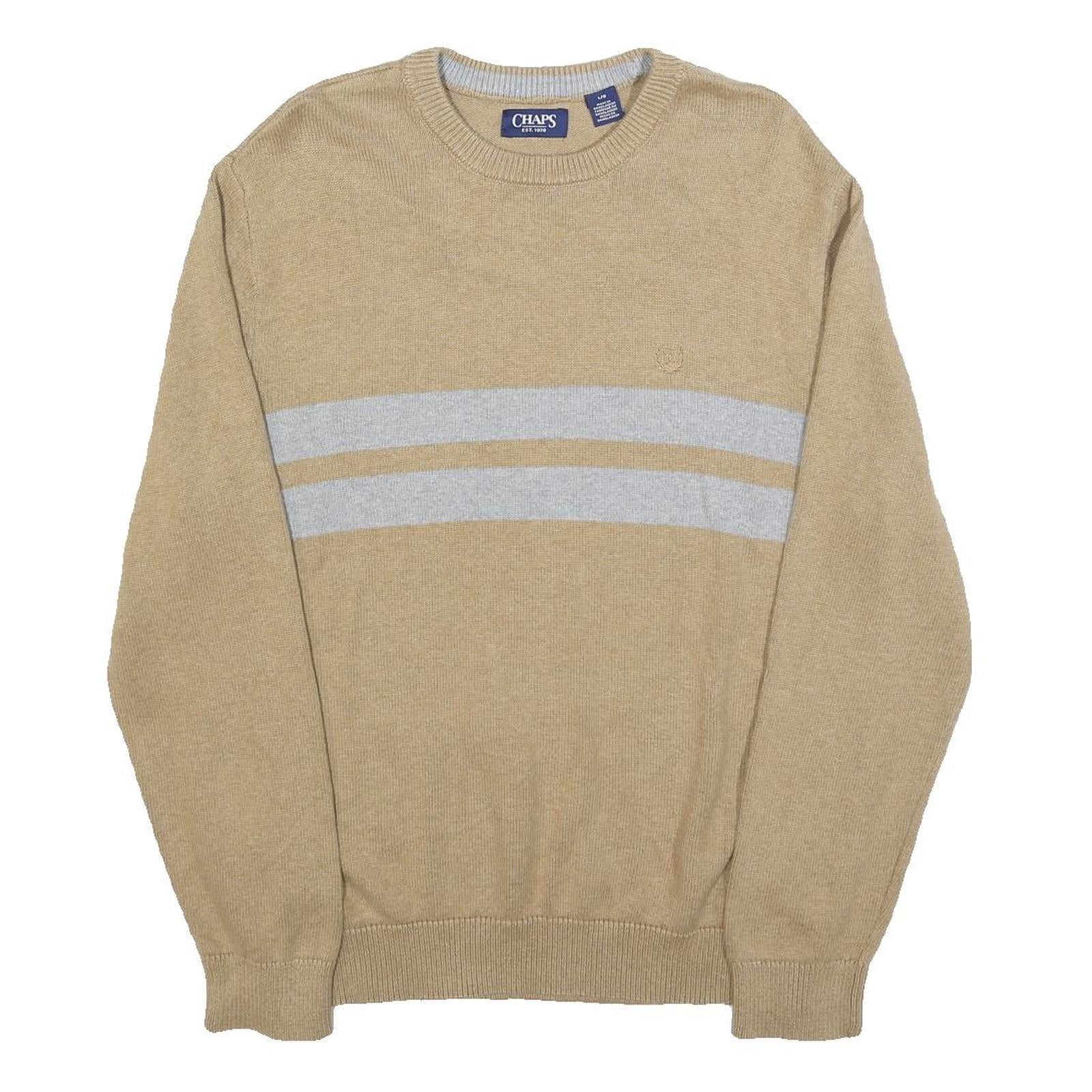CHAPS Mens Beige & Grey Patterned Jumper Crew Neck Basic Knit L Cotton Blend