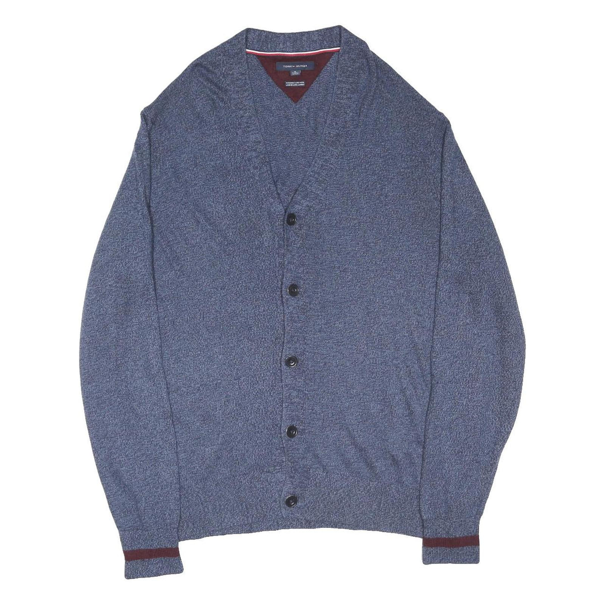 TOMMY HILFIGER Mens Blue Patterned V-Neck Chunky Knit XL Wool Blend Jumper