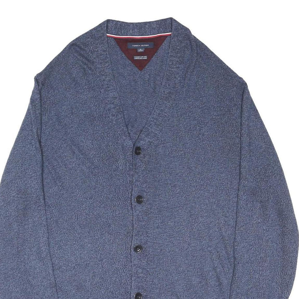 TOMMY HILFIGER Mens Blue Patterned V-Neck Chunky Knit XL Wool Blend Jumper