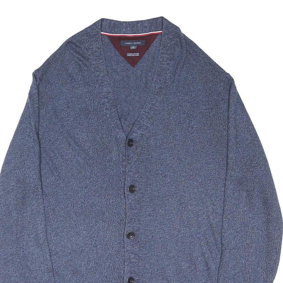 TOMMY HILFIGER Mens Blue Patterned V-Neck Chunky Knit XL Wool Blend Jumper