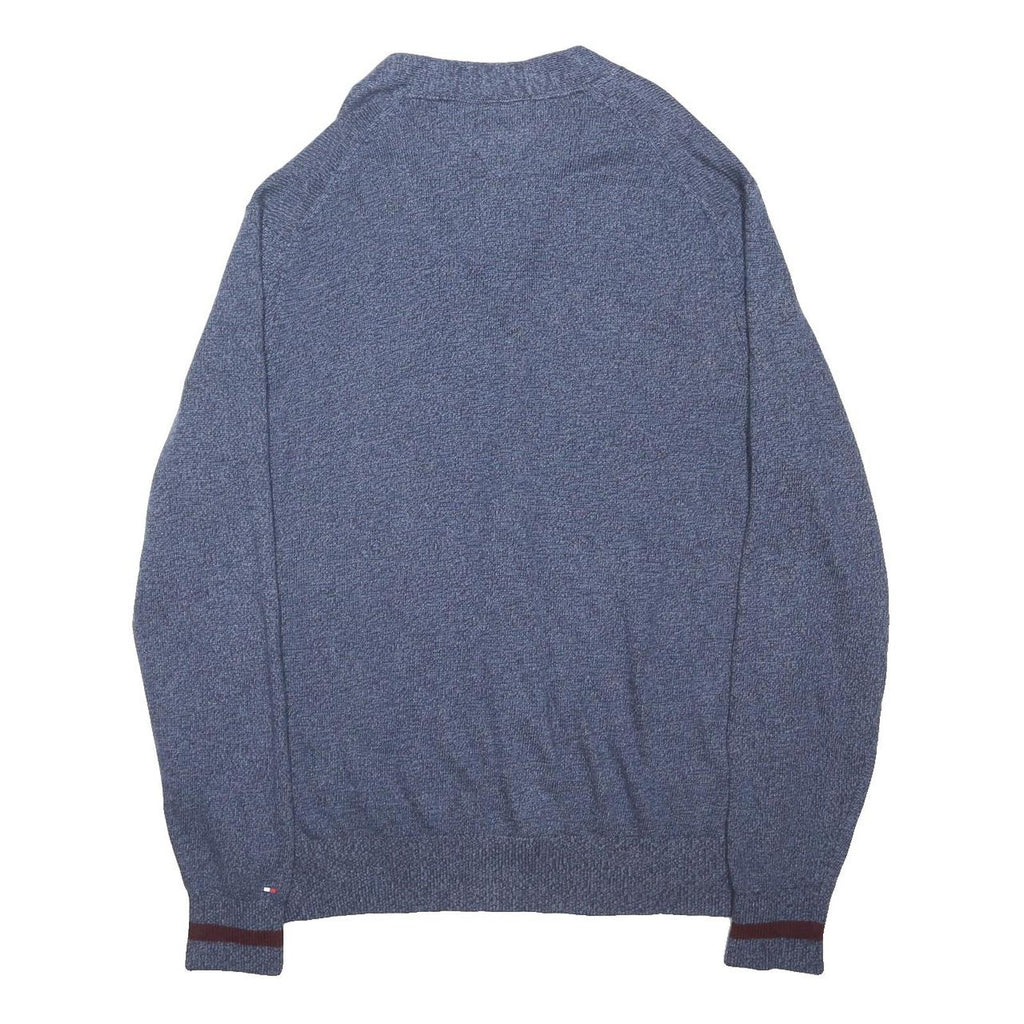 TOMMY HILFIGER Mens Blue Patterned V-Neck Chunky Knit XL Wool Blend Jumper