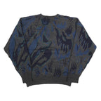 Mens Grey Blue Abstract Pattern V-Neck Chunky Knit Wool Blend Jumper L