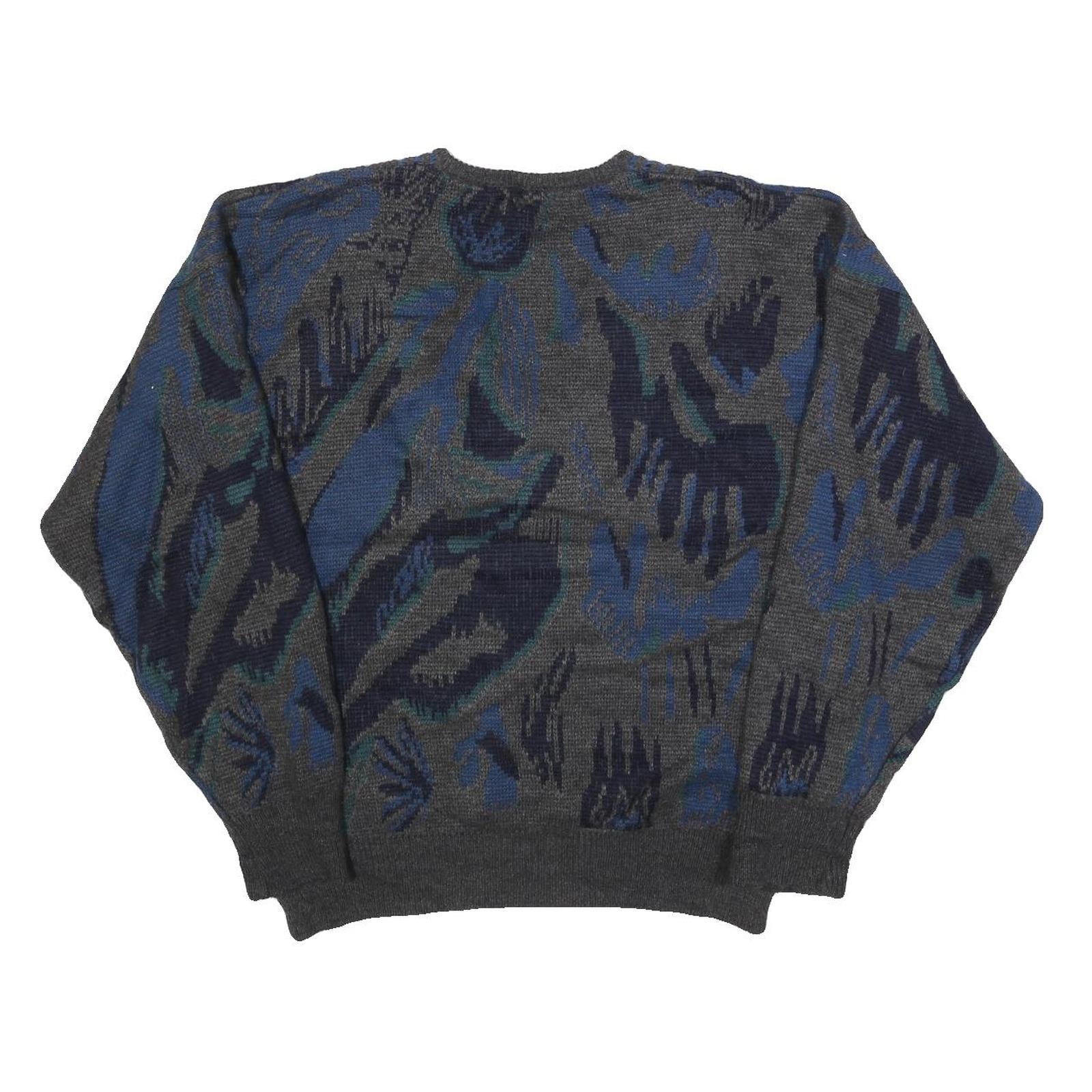 Mens Grey Blue Abstract Pattern V-Neck Chunky Knit Wool Blend Jumper L