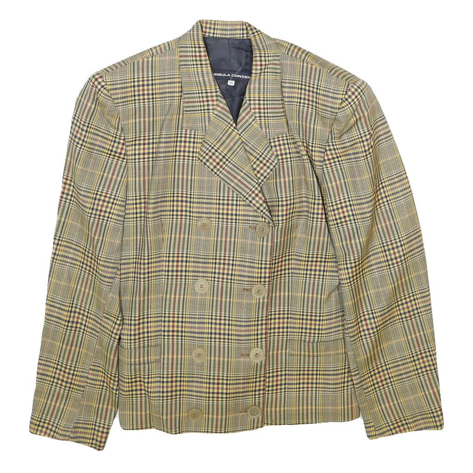 URSULA CONZEN Womens Blue & Yellow Wool Checked Double Breasted Jacket UK 12