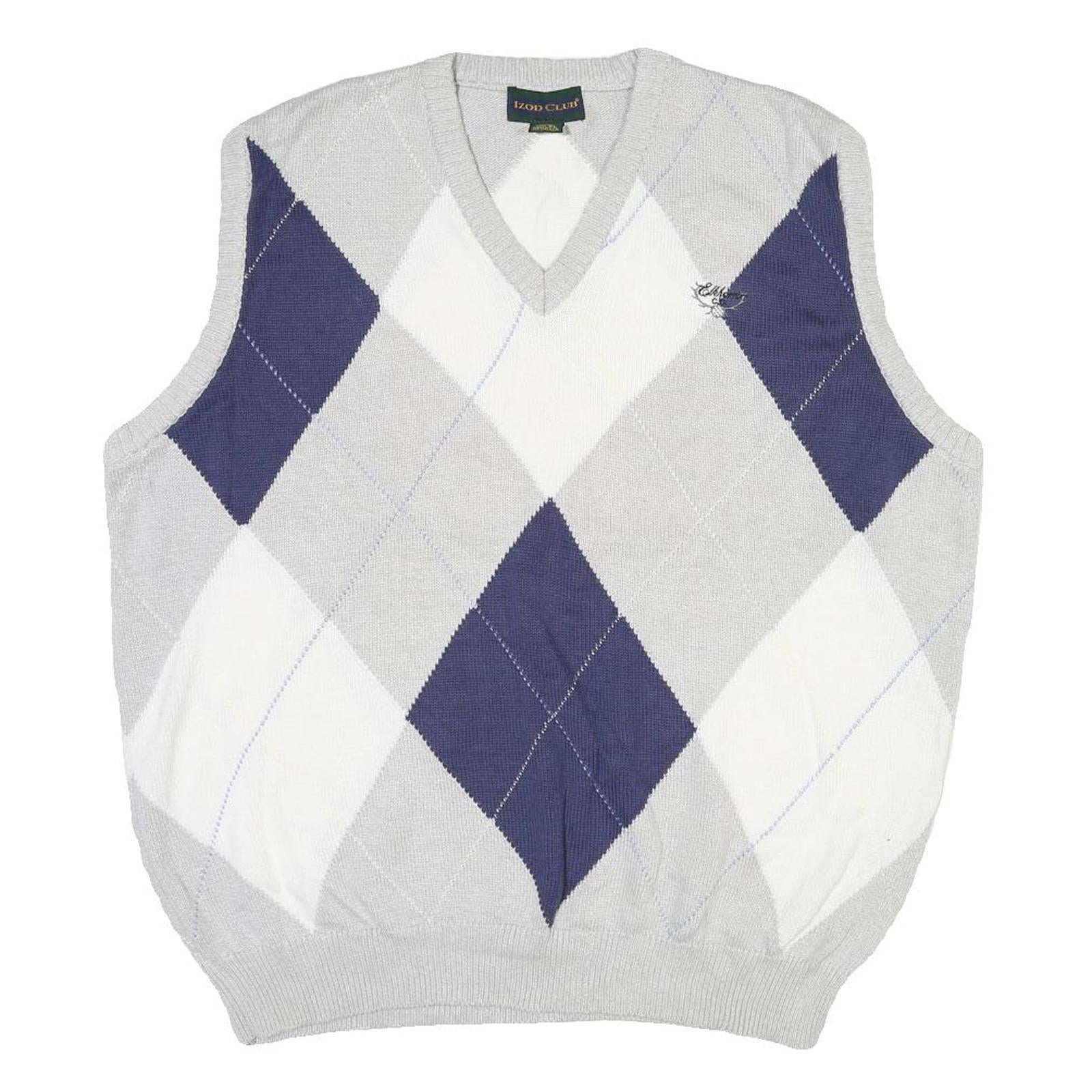 IZOD CLUB Mens Grey Blue & White Argyle Pattern V-Neck Cable Knit XL Cotton