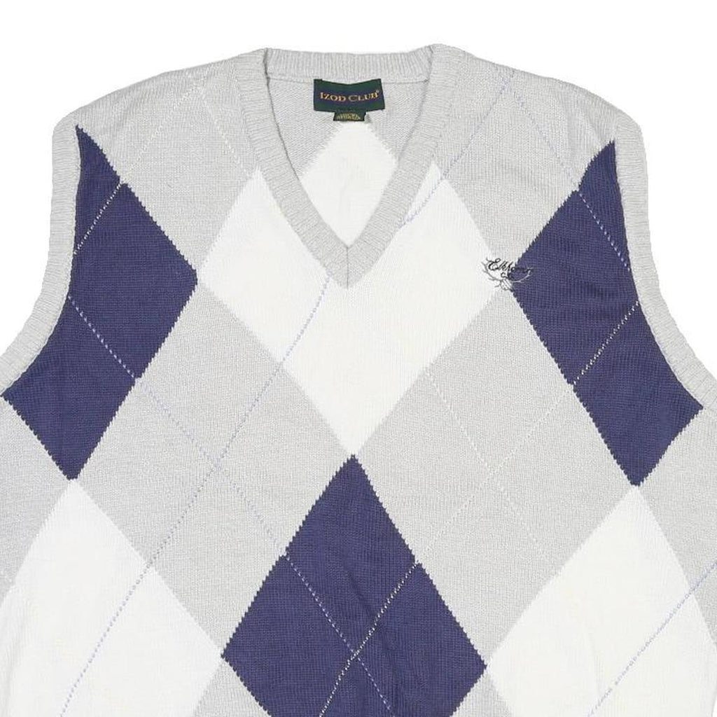 IZOD CLUB Mens Grey Blue & White Argyle Pattern V-Neck Cable Knit XL Cotton