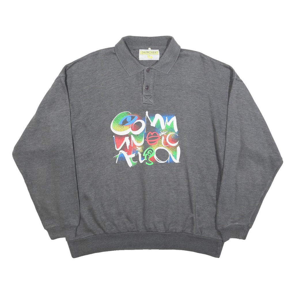 SWITCHER Mens Grey Cotton Blend Sweatshirt M Polo Collar Graphic Print Casual