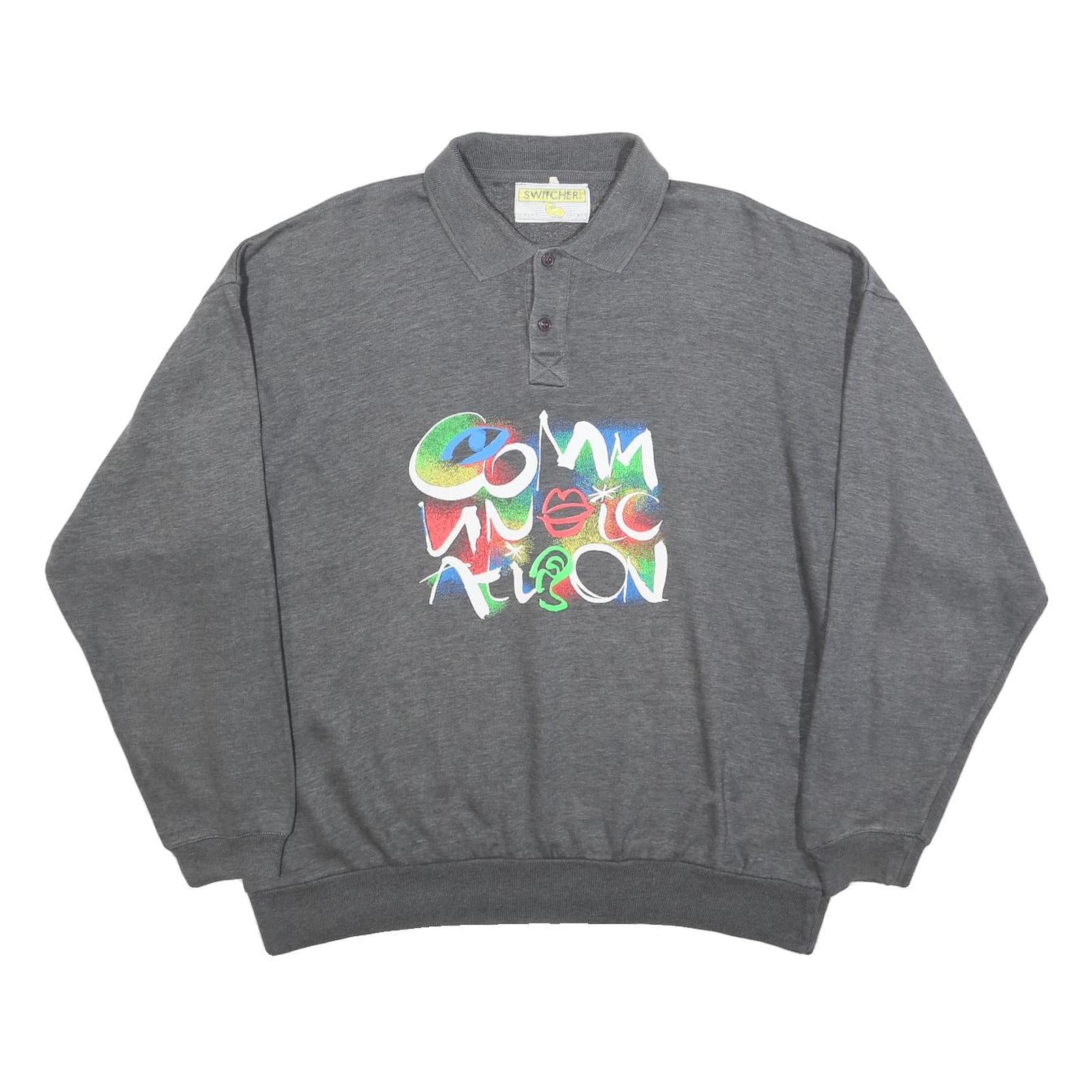 SWITCHER Mens Grey Cotton Blend Sweatshirt M Polo Collar Graphic Print Casual