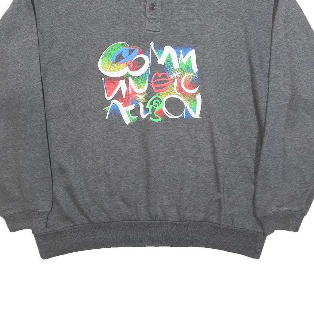 SWITCHER Mens Grey Cotton Blend Sweatshirt M Polo Collar Graphic Print Casual