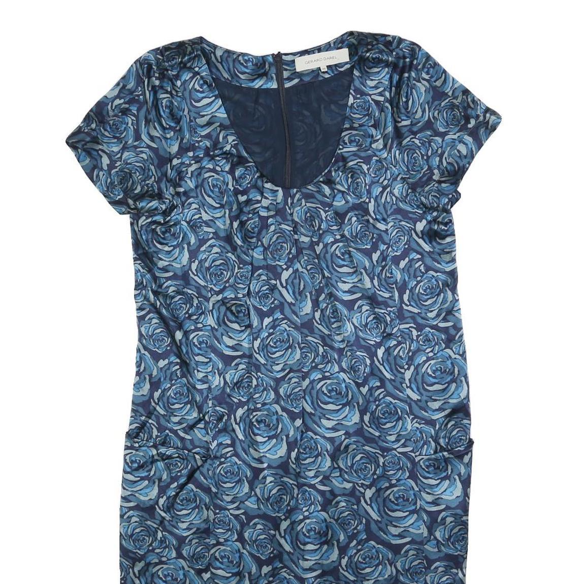 GERARD DAREL Womens Blue Floral Silk Day Dress Short Sleeve S Elegant Silk