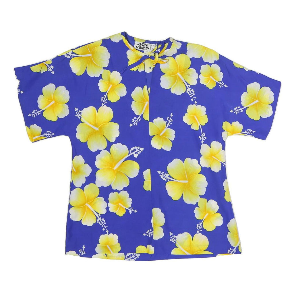 HILO HATTIES Womens Blue & Yellow Printed Top Short Sleeve Round Neck M Hawaiian
