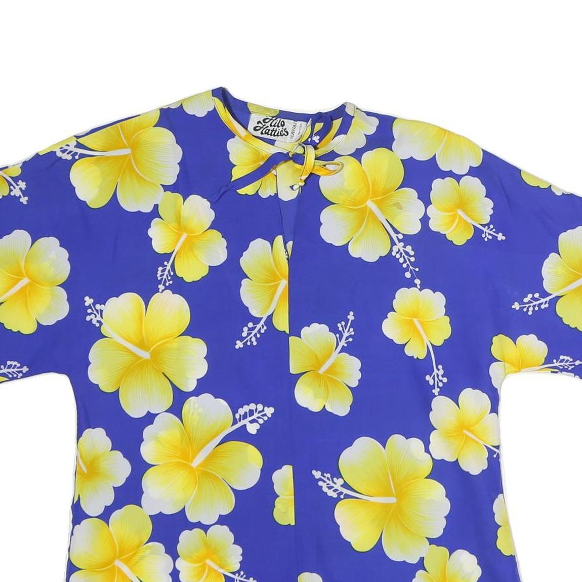 HILO HATTIES Womens Blue & Yellow Printed Top Short Sleeve Round Neck M Hawaiian