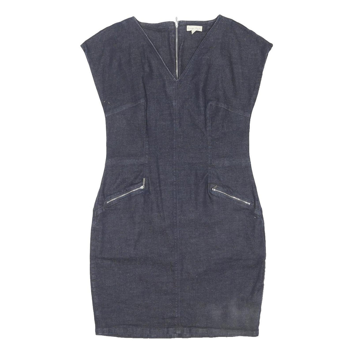 PHASE EIGHT Womens Blue Denim Shift Cotton Blend Dress UK 16 Zipper Pockets