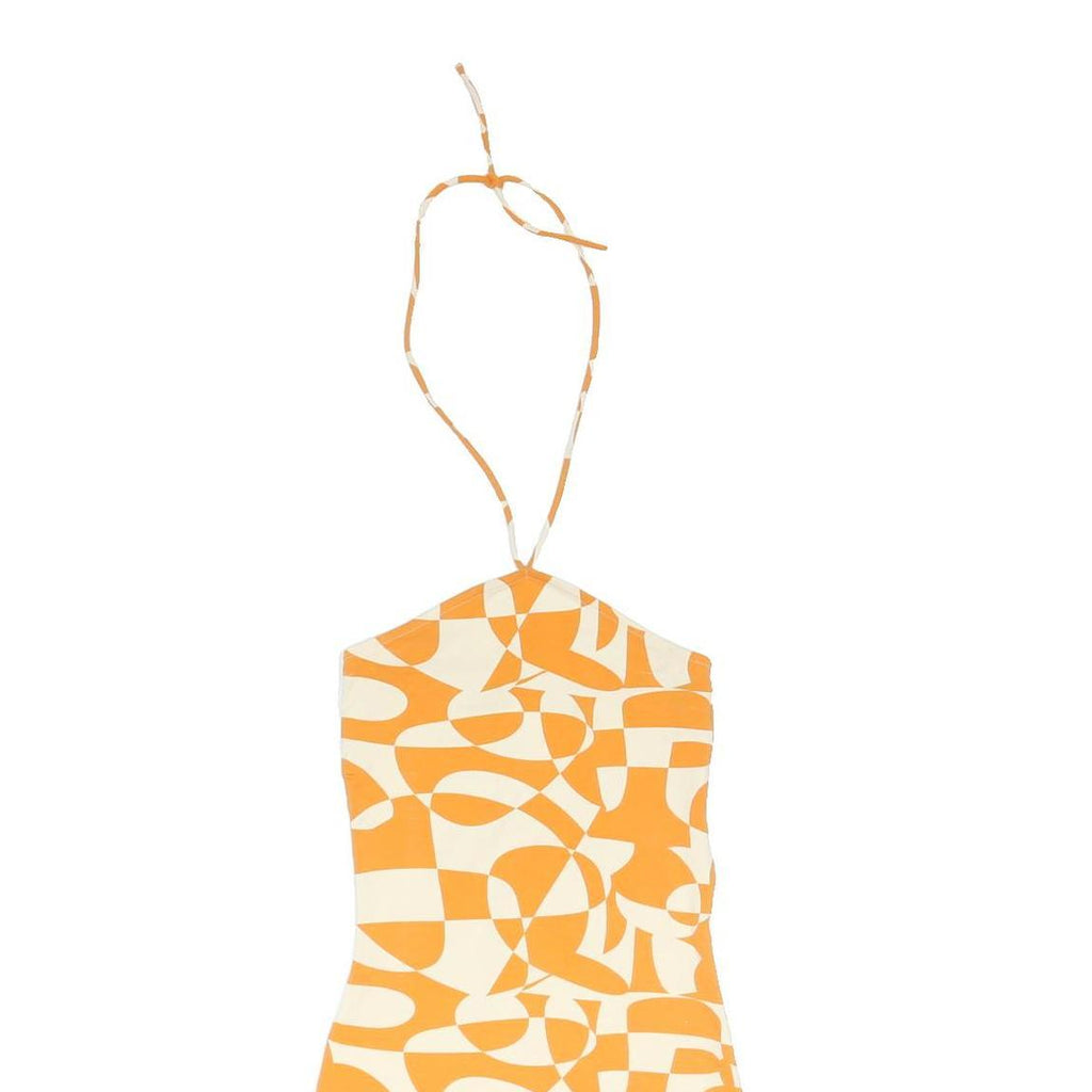 MONKI Womens Cream & Orange Crazy Pattern Bodycon Jersey Halter Neck Short Dress