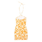 MONKI Womens Cream & Orange Crazy Pattern Bodycon Jersey Halter Neck Short Dress