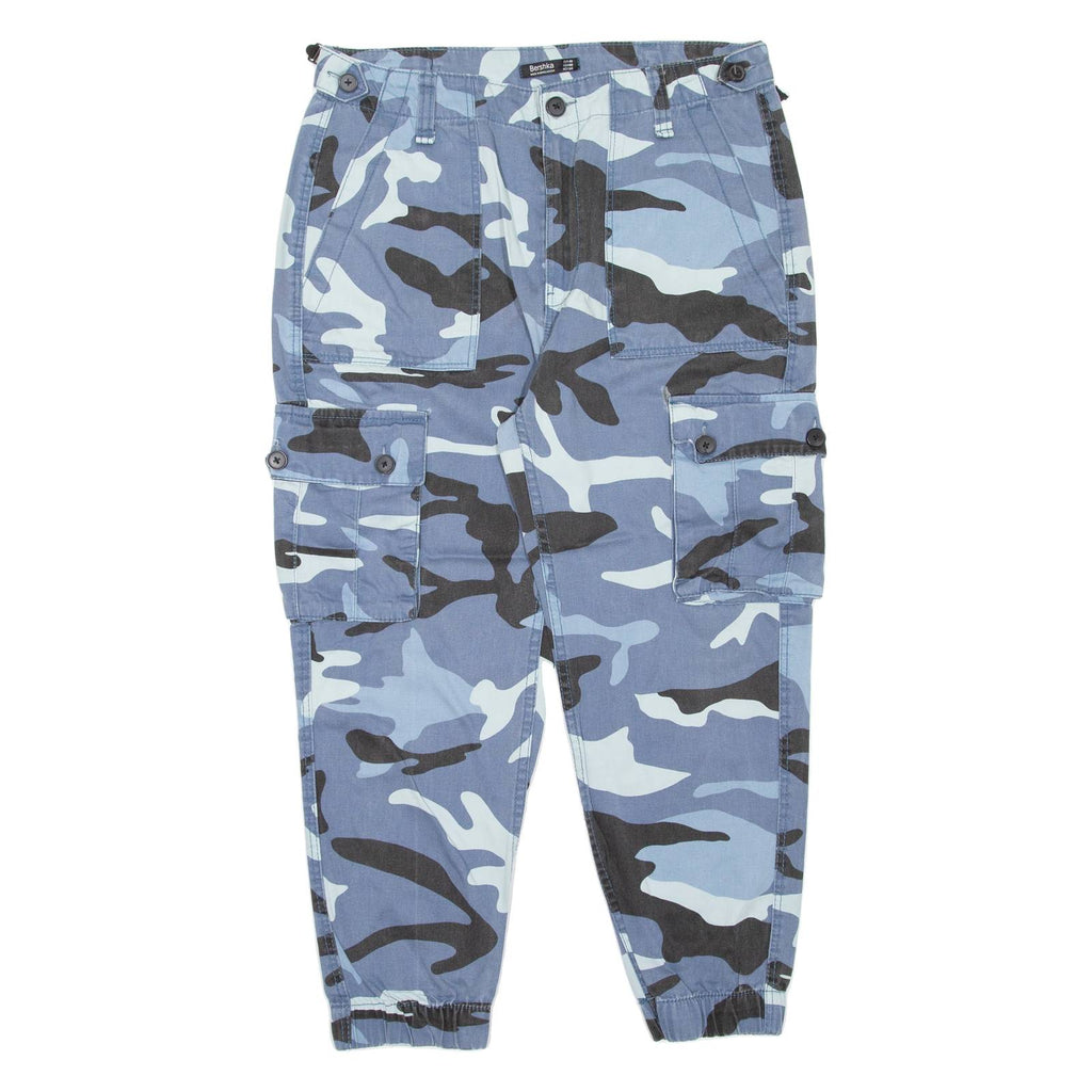 BERSHKA Camo Cargo Womens Trousers Blue Regular Tapered W32 L23