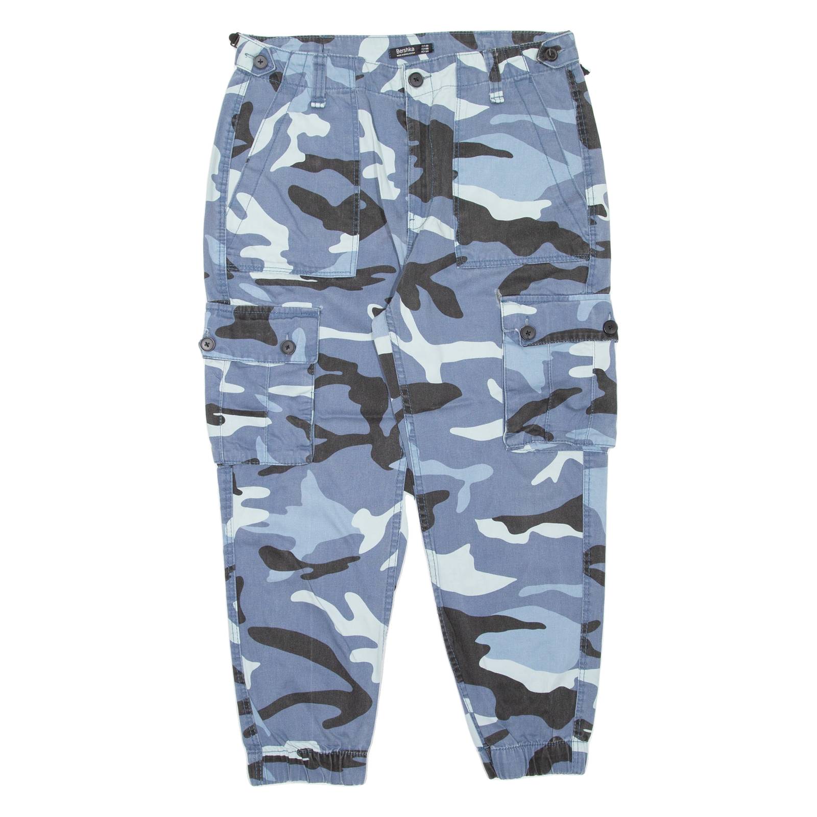 BERSHKA Camo Cargo Womens Trousers Blue Regular Tapered W32 L23