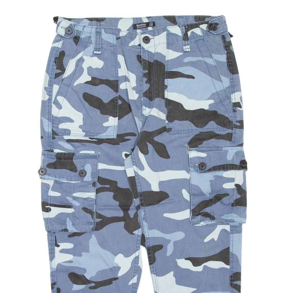 BERSHKA Camo Cargo Womens Trousers Blue Regular Tapered W32 L23