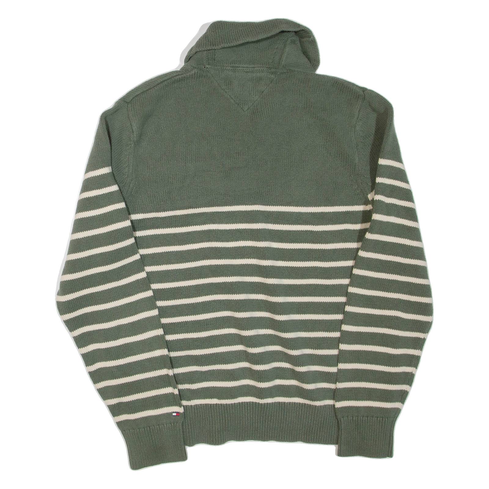 TOMMY HILFIGER Mens Patterned Jumper Green Striped Button Neck Tight Knit L