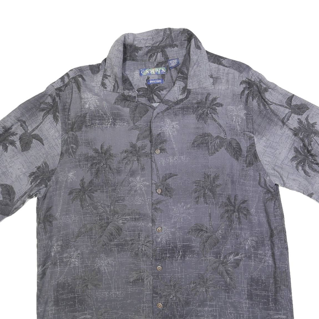 CAMPIA Mens Grey Rayon Tropical Palm Tree Print Shirt L Short Sleeve Casual