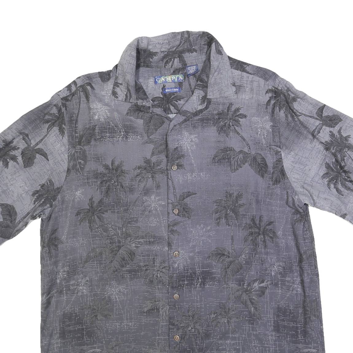 CAMPIA Mens Grey Rayon Tropical Palm Tree Print Shirt L Short Sleeve Casual
