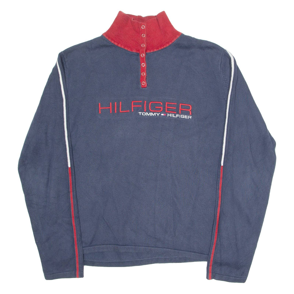 TOMMY HILFIGER Womens Jumper Blue Button Neck Tight Knit XL