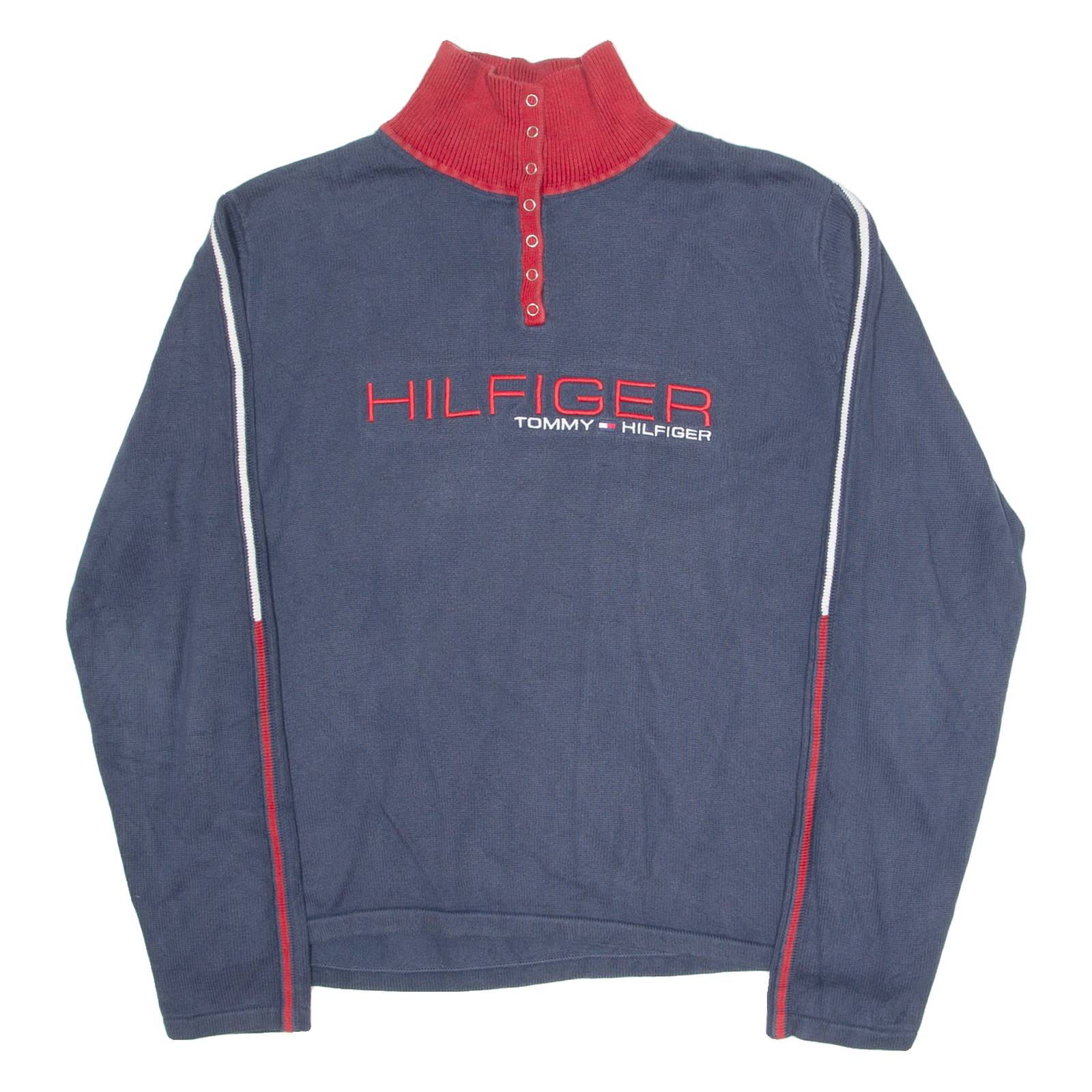TOMMY HILFIGER Womens Jumper Blue Button Neck Tight Knit XL