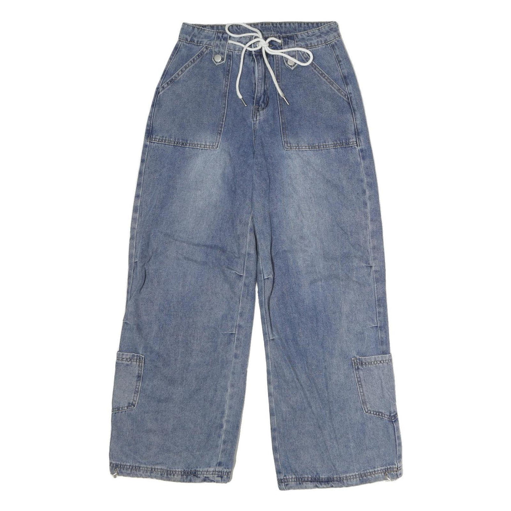 Womens Regular Fit Blue Denim Cotton Blend Wide-Leg Jeans W28 L30 Drawstring
