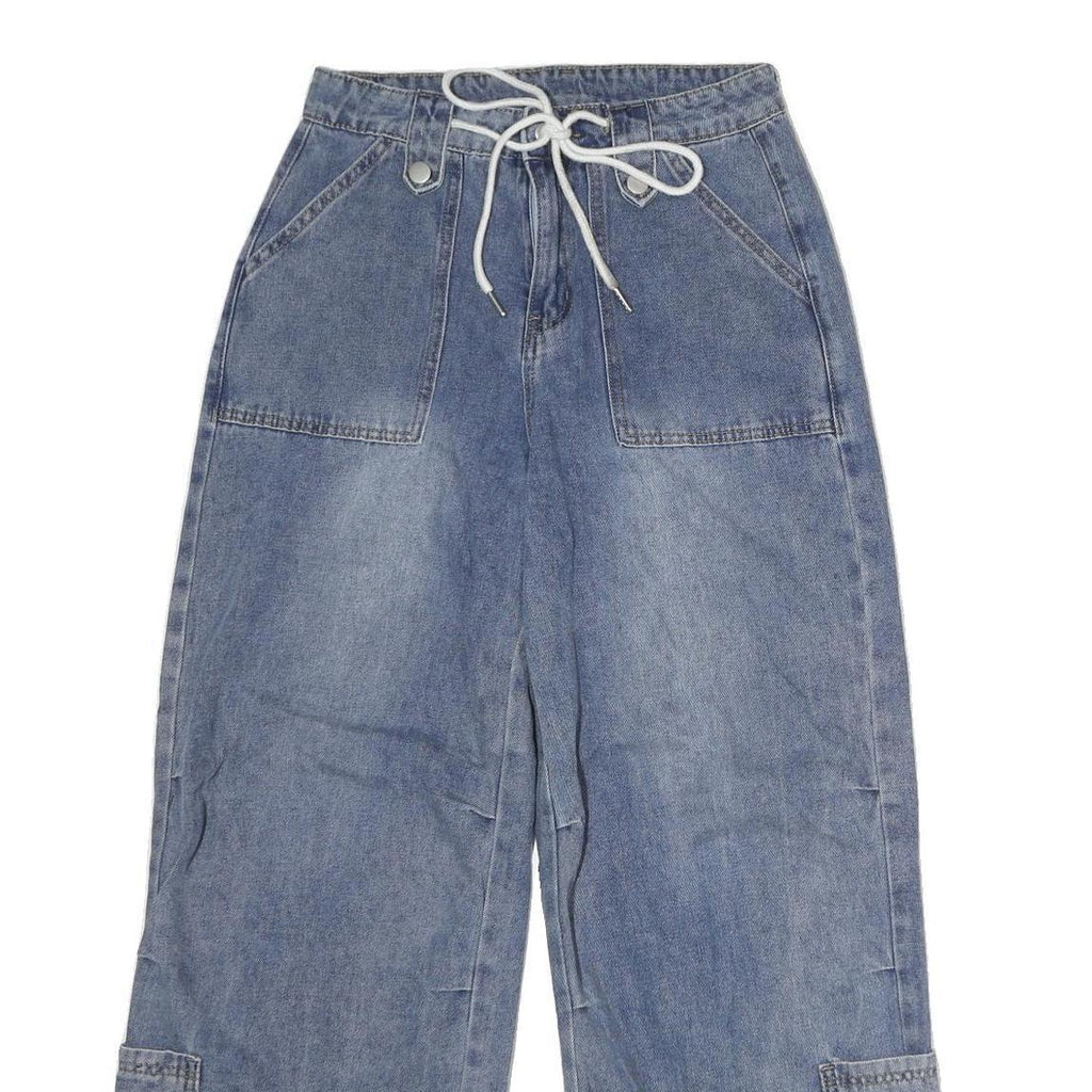 Womens Regular Fit Blue Denim Cotton Blend Wide-Leg Jeans W28 L30 Drawstring