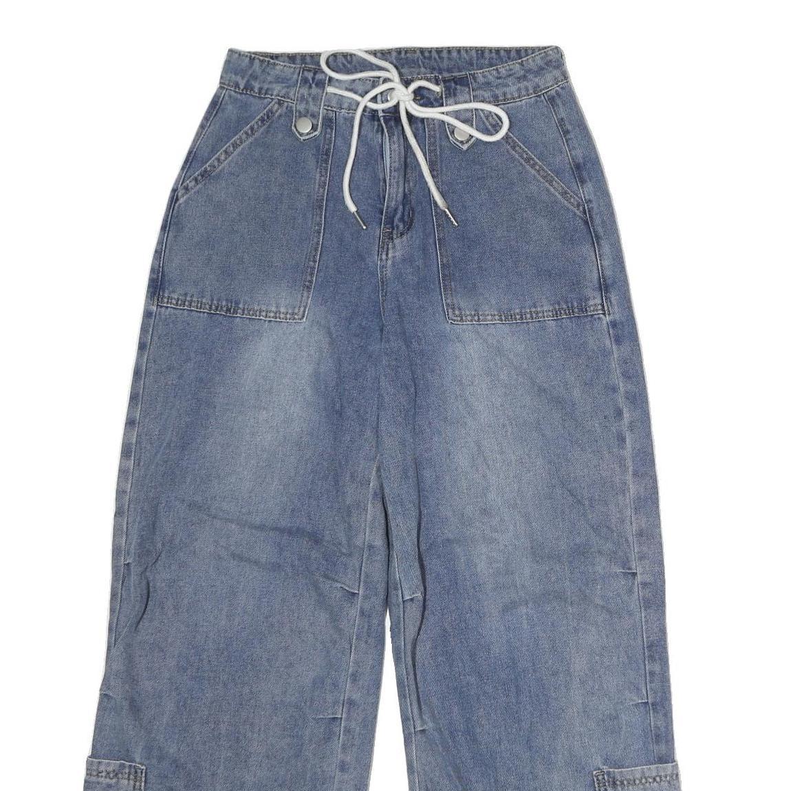 Womens Regular Fit Blue Denim Cotton Blend Wide-Leg Jeans W28 L30 Drawstring