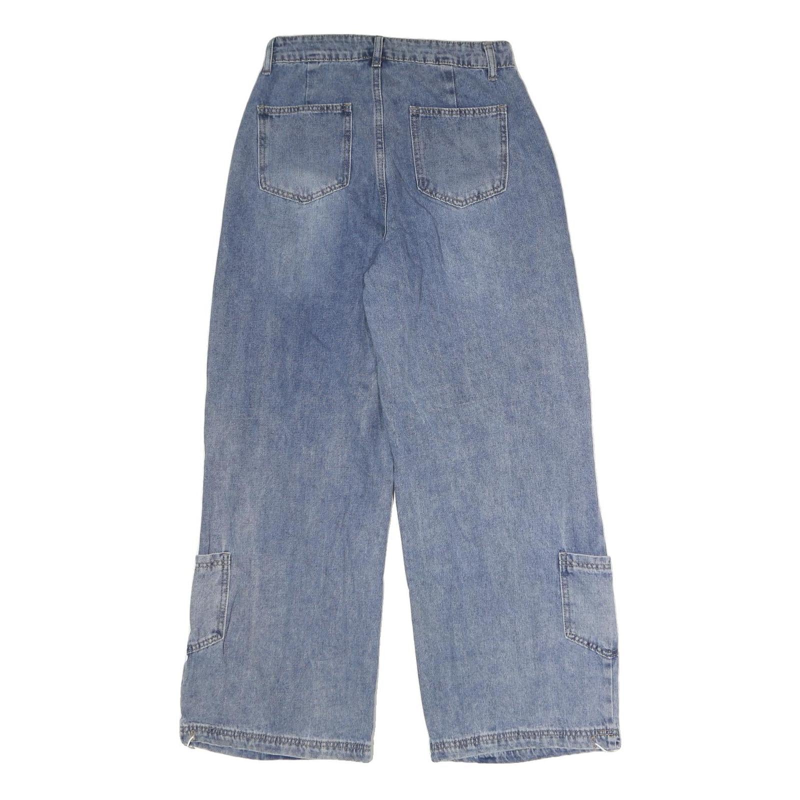 Womens Regular Fit Blue Denim Cotton Blend Wide-Leg Jeans W28 L30 Drawstring