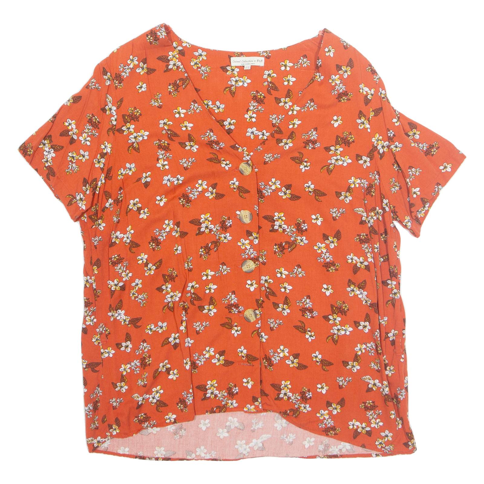 F&F Womens Printed Top Orange V-Neck Viscose Floral UK 20