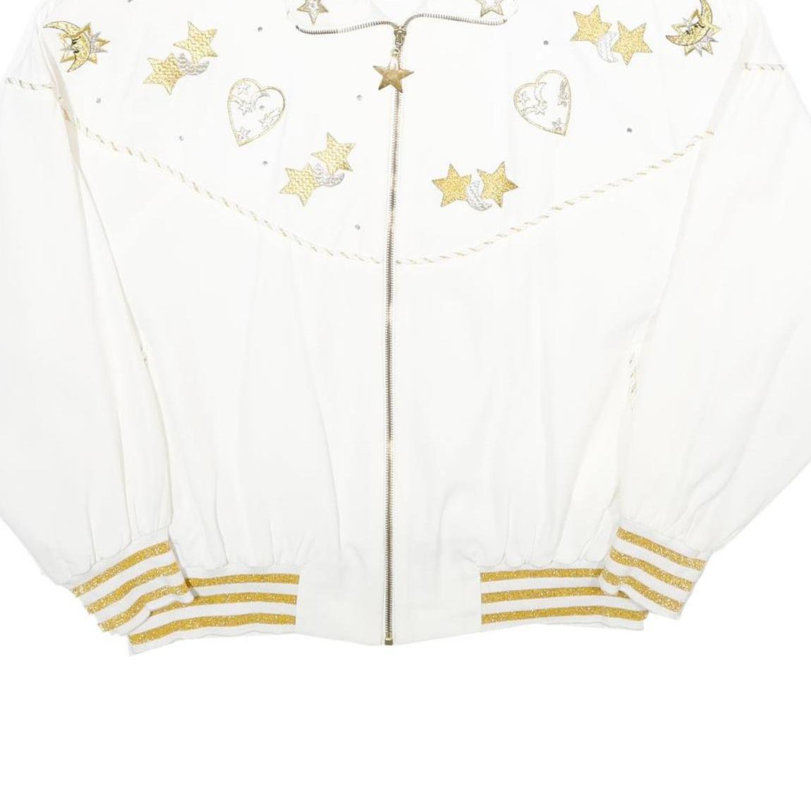 C.O.D. Womens White Gold Accent Zip Jacket M Viscose Blend Star Heart Print